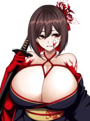 1girls blade blood breasts brown_hair camui_kamui_(hz_666v) cleavage clothed clothing female female_only huge_breasts hurt katana light-skinned_female light_skin original oroka_(camui_kamui) red_eyes solo sword traditional_clothes weapon