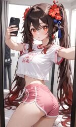 ai_generated ass ass_focus bangs bangs_over_eyes big_ass big_butt black_nails brown_hair female female_focus female_only from_behind from_behind_position genshin_impact hair_ornament hu_tao_(genshin_impact) illyfurina lips long_hair looking_at_viewer medium_breasts mirror mirror_reflection mirror_selfie mouth nails nose pale-skinned_female pale_skin pink_shorts red_eyes rings seducing seduction seductive seductive_body seductive_eyes seductive_gaze seductive_look seductive_mouth seductive_pose shorts skinny skinny_girl stable_diffusion taking_photo taking_picture taking_selfie twintails waifu_diffusion waist watermark white_shirt woman_focus woman_only