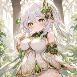 ai_generated big_breasts big_breasts blush blush_lines blushing_at_viewer breasts elf_ears female female female_only genshin_impact green_eyes looking_at_viewer nahida_(genshin_impact) shy white_hair