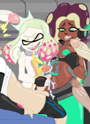 2girls b0nf1r3thelier beauty_mark bosomancer breasts breasts_out cum cum_on_breasts dark_skin female fingerless_gloves green_eyes green_nipples handjob inkling inkling_boy inkling_girl inverted_nipples john_(splatoon) marina_(splatoon) mole mole_under_mouth multiple_girls nintendo octoling octoling_girl pearl_(splatoon) penis rickeyhentai splatoon splatoon_2 tentacle_hair yellow_eyes ymmot392