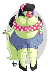 2d 2d_(artwork) anthro bandana belly big_breasts big_lips black_hair chubby chubby_female covered_eyes ear_accessory earrings female female_only flat_colors gecko green_body green_skin hand_on_hip heels hi_res high_heels hips hyper_lips jamearts jeanie_(jamearts) jeans_shorts large_breasts larger_female lips lipstick lizard lizard_girl lizard_tail long nails_painted navel plump_female polka_dot pose posing red_lips scalie short_jeans smile solo_female tail transparent_background wide_hips