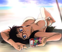 1girls beach bikini black_hair blue_eyes book breasts commentary_request female glasses knee_up large_breasts long_hair looking_at_viewer lying on_back read_or_die side-tie_bikini_bottom solo swimsuit ueyama_michirou yomiko_readman