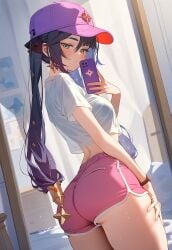 1girls ai_generated ass black_hair blush booty_shorts breasts dolphin_shorts female genshin_impact green_eyes hat large_ass light-skinned_female light_skin long_hair medium_breasts mona_(genshin_impact) selfie short_shorts shorts sidillusts signature thick_thighs