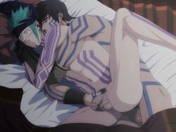 2boys anal bed green_hair izumi_nekotsuki lying male multiple_boys nude penetration penis piercing pillow tattoo testicles wince yaoi