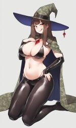 1girls ai_generated bikini brown_hair kneeling large_breasts latex_thighhighs magicman-chan magicman1410 magicwoman midriff military_uniform navel smug_face tongue_out witch witch_hat wizard_hat