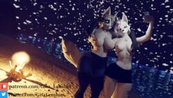 16:9 alba_(domibun) anthro beach big_breasts blue_eyes bottomwear breast_grab breasts campfire canid canine cleavage clothed clothing duo female female/female fire fox fur gesture gisa_lenshin grey_body grey_fur grey_hair group group_picture hair hand_gesture hand_on_breast happy hi_res hotpants mammal mature_female maxine_(domibun) night nipples partially_clothed selfie shorts smile tattoo thick_thighs v_sign warfare_machine white_body white_fur white_hair widescreen