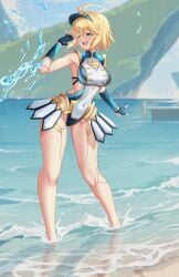 1girls alternate_costume android arms_up bare_shoulders beach blonde_hair blue_eyes blue_swimsuit breasts busty curvy female female_only fiora_(xenoblade) highres hips large_breasts metallic_body midriff monolith_soft navel nintendo official_alternate_costume robot robot_girl sideboob swimsuit thick_thighs thighs water wet wide_hips xenoblade_(series) xenoblade_chronicles z-ki