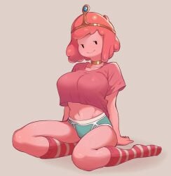 adventure_time anonymous_artist big_breasts blue_underwear crown golden_choker pink_hair pink_legwear pink_skin pink_socks princess_bubblegum safe short_hair smile socks tshirt