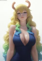 ai_generated bangs bare_shoulders big_breasts blonde_hair blue_dress breasts cleavage cleavage_cutout clothed clothing collarbone curly_hair curvaceous curvy curvy_figure dress green_eyes horns kobayashi-san_chi_no_maidragon long_hair looking_at_viewer lucoa lucoa_(maidragon) nai_diffusion pujopg quetzalcoatl_(dragon_maid) rainbow_hair revealing_clothes sidelocks simple_background slim_waist very_long_hair