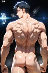 1boy ai_generated armpit_hair ass back bangs bara black_hair blue_eyes blush completely_nude gay goldenfieldszho looking_at_viewer looking_back male_focus male_only male_pubic_hair muscular muscular_male nude pubic_hair short_hair smile solo solo_leveling sung_jin_woo sweat thighs