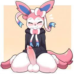 ai_generated balls ballsack black_clothing black_hoodie black_nose blush blush blush_lines blushing_at_viewer blushing_profusely bow bowtie closed_eyes closed_mouth cumming ear ears_up eeveelution embarrassed embarrassed_nude_male femboy feminine feminine_male feminization happy hoodie humanoid_penis legs legs_apart male male_focus male_only naked naked_male novelai nude nude_male paws penis pink_fur pink_hair pink_penis ribbon ribbons sitting smile sylveon thick_thighs thighs twitch_lines twitching twitching_penis white_fur yellow_background