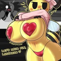 annabee_(woebeeme) axolotl bee big_breasts blush breasts_bigger_than_head femboy huge_breasts huge_cock hung_trap imminent_sex insect_humanoid licorice_(oxyoxyoxyox) massive_breasts nipple_stickers oxyoxyoxyox undressing