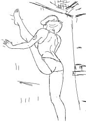 against_wall ass bare_legs exercise feet jail_cell leg_up legs meryl_silverburgh metal_gear metal_gear_solid panties pantsless pencil_(artwork) prison_cell prisoner prone push-up rough_sketch sketch splits stretch stretching t-shirt