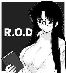 areola_slip bad_id bad_pixiv_id book breasts cleavage female glasses greyscale huge_breasts katatsuka_kouji monochrome painttool_sai_(medium) read_or_die solo yomiko_readman