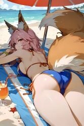 1girl ai_generated animal_ears animal_tail ass ass_focus beach bikini breasts fate/grand_order fate_(series) female female_focus female_only fox_ears fox_tail hair hi_res highres human large_breasts laying_down laying_on_stomach looking_at_viewer looking_back ocean on_stomach pink_hair smile smiling tagme tamamo_no_mae_(fate) tamamo_no_mae_(swimsuit_lancer) thighs