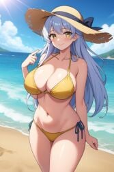 1girl 1girls ai_generated beach bikini blush breasts cleavage fire_emblem fire_emblem:_radiant_dawn grey_hair hat large_breasts long_hair micaiah_(fire_emblem) pixai seaside seductive_look seductive_smile self_upload silver_hair smile sun_hat swimsuit thong wide_hips yellow_bikini yellow_bra yellow_eyes yellow_swimsuit yellow_thong