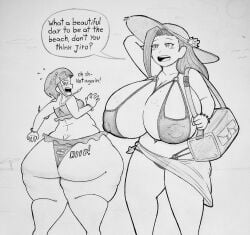 2girls beach big_ass big_breasts bikini bottom_heavy female female_only hi_res huge_ass huge_breasts kyoka_jiro large_ass large_breasts momo_yaoyorozu my_hero_academia ronic_lagann small_breasts sun_hat swimsuit thick_thighs top_heavy torn_clothes wardrobe_malfunction wide_hips