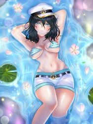absurdres anchor_symbol armpits arms_behind_head artist_name belt belt_buckle bikini bikini_under_shorts black_belt black_hair breasts buckle expressionless feet_out_of_frame female flower gold_trim hat highres kitty_(3kittie9) large_breasts lily_pad long_hair looking_at_viewer lying murasa_minamitsu navel on_back parted_lips partially_submerged petals see-through_clothes shorts solo striped_bikini striped_clothes swimsuit touhou water wet wet_clothes white_hat