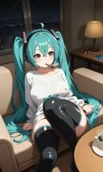 ai_generated baggy_shirt blushing busty city_background clothed coffee coffee_table condom_wrapper condoms curvy cyan_eyes cyan_hair female hatsune_miku indoors lamp long_sleeves nail_polish night night_sky nipple_bulge no_bra no_pants no_skirt pixai sitting smoking sofa solo thigh_boots thighhighs twintails vocaloid white_shirt window