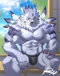 4:5 abs anthro bandai_namco biceps bulge claws clothing detailed_bulge digimon digimon_(species) dog_tags fangs flaccid fur genitals hi_res looking_back male muscular muscular_anthro muscular_male neck_tuft nipples pecs penis purple_body purple_fur realistic_penis_size reclamon sitting smile solo teeth thong tuft underwear weregarurumon