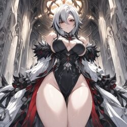 1female ai_generated alternate_outfit arlecchino_(genshin_impact) big_breasts big_breasts big_thighs black_and_white_hair black_eyes female female genshin_impact jacket leotard looking_at_viewer looking_down sideboob