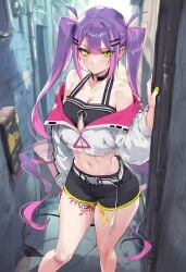 1girls about_to_fuck ai_generated belt cute hololive short_shorts shorts slim street succubus tokoyami_towa virtual_youtuber zipper zipper_pull_tab