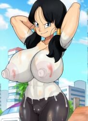 1girls 2023 abs arms_behind_head arms_up athletic_female black_hair blue_eyes bodypaint dragon_ball hi_res high_resolution highres huge_breasts looking_at_viewer nipples_visible_through_clothing painted_clothes pussy shounen_jump smirk solo ttrop videl