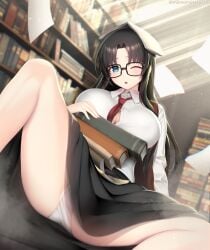 black_hair blue_eyes book bookshelf breasts cleavage female glasses highres indoors kashiwamochi_yomogi large_breasts long_hair long_sleeves looking_at_viewer necktie one_eye_closed panties paper read_or_die skirt solo underwear yomiko_readman