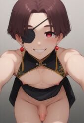 1boy 1femboy ai_generated bare_legs bare_shoulders bare_thighs bent_forward bent_over black_dress blush boob_window brown_hair china_dress china_dress_lift chinese_clothes chinese_dress cleavage_cutout cleavage_window close-up close_up clothes_lift crossdressing cute cute_male dress dress_lift earrings eyepatch femboy femboy_focus femboy_only floral_print gold_trim grey_background grin happy hayato_suo high_collar looking_at_viewer male male_focus male_only nipple_cutout nipple_cutouts nipples penis red_earrings red_eyes short_hair simple_background sleeveless sleeveless_dress small_penis smile solo solo_femboy solo_male suo_hayato tassel tassel_earrings teeth testicles trap twink wind_breaker