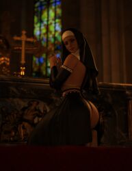 3d barefoot black_nails chun-li church cross daz3d daz_studio feet happy happy_female kneeling looking_at_viewer moody_lighting nun nun_outfit praying red_carpet religion religious_clothing religious_headwear religious_symbols stained_glass street_fighter street_fighter_6