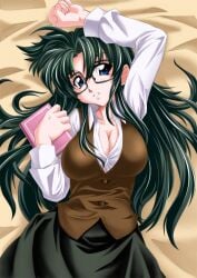 black_skirt blue_eyes book breasts brown_vest cleavage commentary_request female from_above gekato glasses green_hair large_breasts long_hair looking_at_viewer lying lying_on_bed on_bed photoshop_(medium) read_or_die shirt skirt solo vest white_shirt yomiko_readman