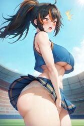 1girls ^^^ ahoge ai_generated aimoonshine ass bare_arms bare_shoulders black_hair blue_shirt blue_skirt blue_sky blush breasts cheerleader cowboy_shot crop_top crop_top_overhang day female female_only from_side large_breasts long_hair midriff mihoyo miniskirt multicolored_hair navel open_mouth orange_eyes orange_hair outdoors panties pleated_skirt ponytail shirt skirt sky sleeveless sleeveless_shirt solo stadium standing stomach streaked_hair surprised thighs two-tone_hair underboob underwear upper_teeth_only white_panties wind wind_lift zenless_zone_zero zhu_yuan