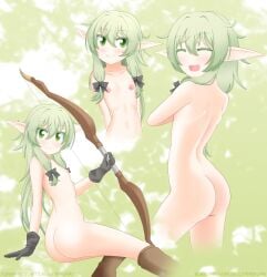 ass boots boots_only clothing elf erdfurry female flat_chested footwear footwear_only gloves gloves_only goblin_slayer green_eyes green_hair hair handwear handwear_only hi_res high_elf_archer_(goblin_slayer) humanoid humanoid_pointy_ears mostly_nude nipples nude rear_view shoes solo