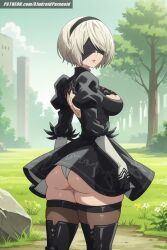 ai_generated aindroidparanoid android ass ass_focus big_breasts blindfold breasts cameltoe dress fat_ass female female_only forest from_behind_position huge_ass huge_breasts leotard looking_back nier nier:_automata nier_(series) petite pussy short_hair slim_waist stable_diffusion straight_hair white_hair yorha_2b