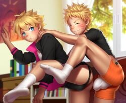 2boys ass barefoot blonde_hair blue_eyes blush boruto:_naruto_next_generations boy bulge bulge_through_clothing family father_and_son feet homri incest leg_lift male male_focus male_only naruto socks teenager underwear uzumaki_boruto uzumaki_naruto yaoi young