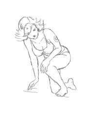 arm_tattoo bare_legs bending_down cleavage exercise kneeling legs meryl_silverburgh metal_gear metal_gear_solid pantsless pencil_(artwork) rough_sketch sketch t-shirt