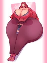 1boy 1boy1girl averysoftpear female giant_hips giantess gigantic_thighs huge_breasts huge_hips huge_thighs lap_pillow larger_female micro_on_leg micro_on_thigh original_characters partners red_hair red_hair_female smaller_male tagme twitter_link