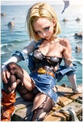 1girls ai_generated android_18 blonde_hair blue_eyes dragon_ball dragon_ball_z fanart female girl short_hair torn_bodysuit torn_clothes torn_clothing torn_pantyhose woman_only yametastudio