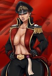 astra_militarum big_breasts brown_eyes brown_hair coat commissar commissar_soboleva female fit fit_female hand_on_hip hat human imperial_guard imperial_officer inner_sideboob light-skinned_female looking_at_viewer mixsan navel pinup_pose pose purity_seal red_background revealing_clothes romman08 seductive seductive_look seductive_smile solo warhammer_(franchise) warhammer_40k