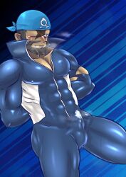 after_orgasm archie_(pokemon) artist_request balls bara beard blush bodysuit boner bulge cum cum_through_clothes erection erection_under_clothes facial_hair hands_behind_back headkerchief male male_only muscles muscular nintendo one_eye_closed penis pokemon solo solo_male team_aqua