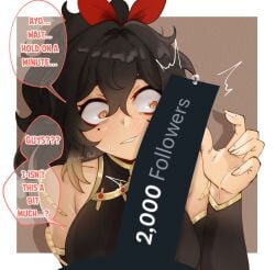 1boy akashicelegy black_hair censored chinese_clothes commentary english_commentary english_text erection female high_ponytail highres large_penis looking_at_penis milestone_celebration mole mole_under_eye novelty_censor open_mouth orange_eyes original penis penis_awe penis_on_face precum solo_focus song_huoyan_(akashicelegy) speech_bubble wide-eyed