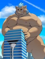 2024 anthro belly big_belly blush bodily_fluids brown_body building building_penetrated cloud cum ganglie_(tas) genital_fluids hi_res hisashiyo_0705 kemono lifewonders macro male mammal moobs nipples outside overweight overweight_male solo suid suina sus_(pig) tokyo_afterschool_summoners wild_boar