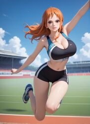 1girls 2d ai_generated ass athletic athletic_female bare_shoulders belly big_ass big_breasts curvy curvy_figure cute cute_face detailed eyelashes eyeshadow female female_only fit fit_female focus ginger ginger_hair high_quality huge_breasts large_breasts legs light-skinned_female light_skin lips lipstick long_hair looking_at_viewer makeup mascara mature midriff nami nami_(one_piece) nero100 one_piece orange_eyes orange_hair pale-skinned_female pale_skin posing post-timeskip sagging_breasts seductive seductive_look shorts sports_bra sports_shorts sports_uniform sportswear stable_diffusion stadium tagme thick_ass thick_butt thick_thighs thighs track_suit wide_hips