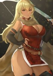 1girls bare_thighs black_sleeves blonde_hair bow_(weapon) breasts brown_cape cape cleavage dark-skinned_female dark_skin detached_sleeves dress edamameoka female female_only fire_emblem fire_emblem:_the_binding_blade hair_between_eyes highres holding holding_bow_(weapon) holding_weapon human_only igrene_(fire_emblem) large_breasts long_hair looking_at_viewer mole mole_under_eye nintendo red_dress short_dress sleeveless sleeveless_dress solo thick_thighs thighs weapon yellow_eyes