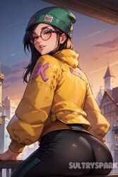 1girls ai_generated artist_name ass ass_focus breasts brown_eyes brown_hair butt_focus character clothed clothed_female female from_behind futarush glasses killjoy_(valorant) looking_at_viewer looking_back looking_back_at_viewer patreon patreon_username riot_games solo solo_female sultryspark thick thick_ass thick_hips thick_thighs valorant video_game video_games yellow_jacket yellow_jacket_(clothing)