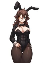 abs ai_generated bunny_ears bunnysuit cleavage clothed hismajestyii novelai original pantyhose playboy_bunny seiko_tanaka_(hismajestyii) thighs toned toned_female