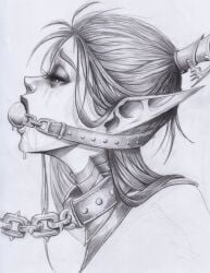 aeldari alien alien_girl bondage captured chain chained collar dark_eldar drooling drukhari eldar elf_ears gag gagged lelith_hesperax lewdanon pencil_sketch sketch warhammer_(franchise) warhammer_40k