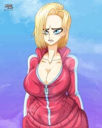 1girls alvarikokearte android_18 argentina belly belly_button big_breasts breasts cleavage collarbone dragon_ball dragon_ball_z female female_focus female_only solo