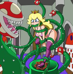 blonde_hair blue_eyes bondage bound_wrists gag gagged mario_(series) pink_bra pink_panties piranha_plant predicament_bondage princess_peach super_mario_bros. thighhighs vine_bondage vine_gag