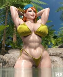 1girls 3d abs bandana big_breasts bikini bikini_bottom bikini_top breasts capcom female female_only ginger green_eyes hagiwara_studio high_resolution highres minayle monster_hunter monster_hunter_rise muscular orange_hair solo tagme wet wet_skin